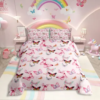 Homewish Rosa Mädchen Bettwäsche 135x200cm Süße Schmetterling Bettbezug Set Romantische Prinzessin Bettwäscheset Ästhetik Tiere Schmetterlinge Bettset Zimmerdekor 2 Teilig für Kinder Jungen Frauen