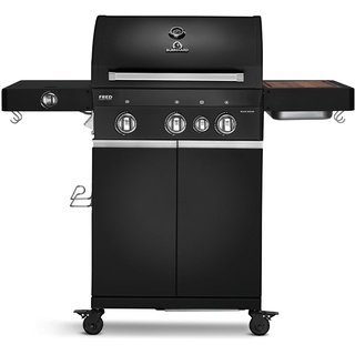 BURNHARD 3-Brenner Gasgrill FRED Deluxe Black Series 3 inkl. Backburner, 900°C Infrarot-Keramikbrenner, Seitenkochfeld, Edelstahl-Grillrost, Grillabdeckung, Grillwagen + klappbare Seitentische