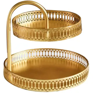 Etagere 2 Etagen Gold - Große Servierplatte, Obst-und Gebäckschale, Konfektschale, Dekoratives Rundes Serviertablett für Gemüse, Snacks, Süßigkeiten (Vertikale Körnung)
