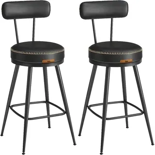 Drehbarer Barhocker 2er Set, 65 cm Sitzhöhe, Barstühle mit Rückenlehne, Küchenhocker, Kunstleder Wasserdicht, Stahlbeine mit Fußstütze, Mid-Century, Schwarz - Schwarz