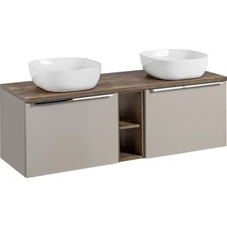 Moderner Badezimmerschrank 140 cm mit Arbeitsplatte und 2 Aufsatzwaschbecken - Taupe