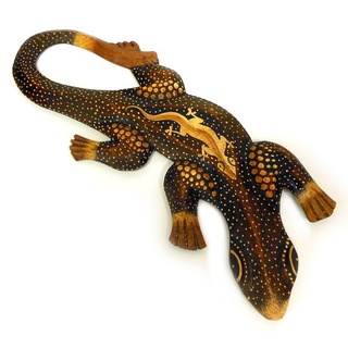 TEMPELWELT Deko Figur Wanddekoration Gecko Manis braun aus Albesia Holz punktbemalt dotpainting, 30cm lang, Holzfigur Wandfigur Echse Kunsthandwerk aus Bali handgefertigt