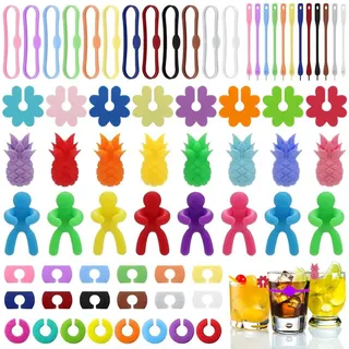 Megcdtr Glasmarkierer, 66 Stück Glas Markierung, Silikon Gläser Markieren für Weinglas, Tassen, Trinkglas, Cocktailglas, Martini-Glas (Buntes)