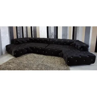 Klassische Designer Chesterfield Samt Couch mit Kristallsteinen Wohnlandschaft - Schwarz