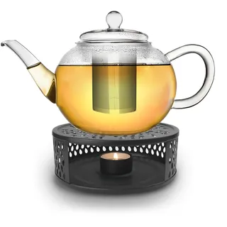 Creano Teekanne Glas 1,2 l mit Stövchen und Edelstahl-Filter für losen Tee