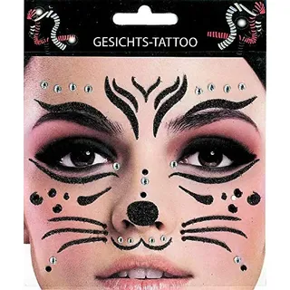 Makotex GmbH Gesichtstattoo Katze Raubkatze Käfer Glitzersteine Face Aplikation Hautaufkleber Glamour (Katze Silber)