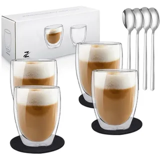 Zobel Latte Macchiato Gläser 350ml | 4er Set doppelwandige Kaffeegläser aus Borosilikatglas inkl. Untersetzer & Löffel | Spülmaschinenfest & hitzebeständig