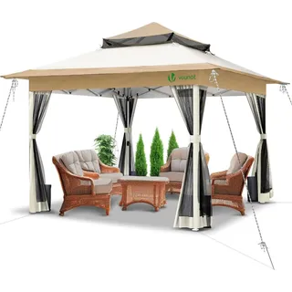 VOUNOT® Pavillon Faltbar 3,6x3,6m, Pop Up Partyzelt mit Mesh Sides & Doppeldach, Faltpavillon Stabil mit Bein Gewichte & Roller Bag, Gartenpavillon Gartenzelt Beige