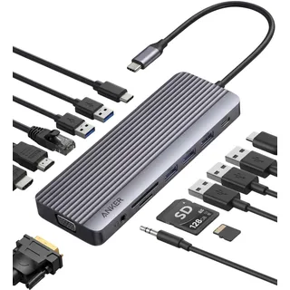 Anker Triple Display USB-C Hub (14-in-1), Dreifaches Display, 4K@60Hz HDMI mit 80W Max Power Delivery, 5 Gbit/s USB-C USB-A Datenports, Für MacBook, Lenovo, Dell XPS, HP Laptops (Ohne Ladegerät)