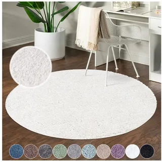 Carpet City Shaggy Hochflor Teppich - Rund 200 cm - Creme - Langflor Wohnzimmerteppich - Einfarbig Uni Modern - Flauschig-Weiche Teppiche Schlafzimmer Deko