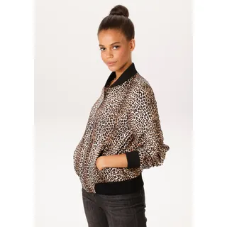 Blouson ANISTON CASUAL, Damen, Gr. 36, braun (schwarz, wollweiß, hellbraun, sand), Crêpe, Obermaterial: 100% Polyester. Futter: 100% Polyester, bedruckt, gemustert, figurumspielend hüftlang, Rippbündchen, Jacken Blouson, mit trendigem Leo-Print