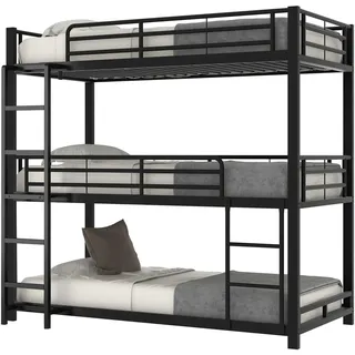 Etagenbett mit 3 Schlafgelegenheiten und Lattenrost, 90x200 cm, Kinderbett mit Rausfallschutz, Metallbett - Schwarz