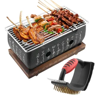 Japanischer Tischgrill Holzkohle Mit Reinigungsbürste, Mini BBQ Platte, Tragbarer Kochherd Tischplatte Party Zubehör Grillwerkzeuge