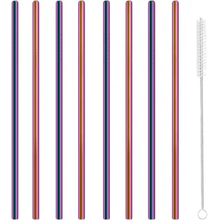Edelstahl-Trinkhalme, Metall wiederverwendbar, für Saft Eiskaffee kalte Getränke Wasser Highballgläser Becher Tassen, 6 mm breit 215 mm lang, mit Bürste, Set mit 8 Stück Bunt