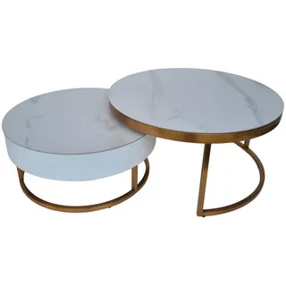 Modante Couchtischset , Weiß, Goldfarben , Metall, Stein, Holzwerkstoff , 2-teilig , Marmoroptik , rund , eckig, C-Form , 70-80x31-39x70-80 cm , Stauraum , Wohnzimmer, Wohnzimmertische, Couchtische, Couchtische rund