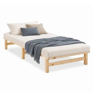 Homestyle4u Holzbett Palettenbett 90/200 cm natur Lattenrost Massivholz im Paletten-Design , Braun , Holz , Kiefer , 90x200 cm , Schlafzimmer, Betten