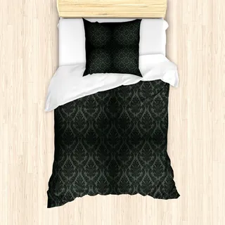 ABAKUHAUS Damast Bettbezug Set für Einzelbetten, Alte Damask Klassiker Motive, Milbensicher Allergiker geeignet mit Kissenbezug, Schwarz Grau - Grau