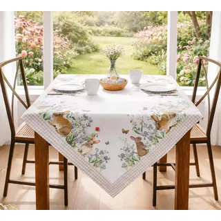 KAMACA Tischdecke Ostern & Frühling – 85x85 cm Mitteldecke Häschen in der Blumenwiese – Bunte Ostertischdecke waschbar – Dekorative Tischwäsche für Küche & Wohnzimmer