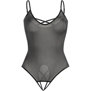 Teyli Bodysuit Women Damen Body Ouvert Tanga - Mesh Top Body Ouvert - Bodys Damen aus Feinem Mesh mit Verstellbaren Trägern und Rundhalsausschnitt Schwarz L/XL