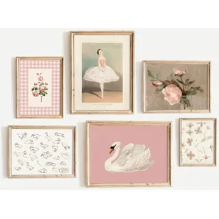 Rosa Wandkunst-Dekoration für Kinderzimmer, Baby-Mädchen, Leinwand-Kunst, Vintage-Blumendrucke, Kinderzimmer, Wanddekoration, adrettes Blumenposter, antikrosa Bilder, Schwäne, Gemälde für