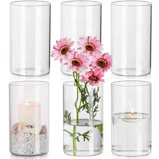Hewory Glasvase Zylinder Vasen Set: 15cm Hohe Vase Glas 6er Glasvasen für Tischdeko Hochzeit - Kerzengläser Windlicht Glas Zylindervasen Set Glaszylinder für Kerzen Hochzeitsdeko Party Home Wedding