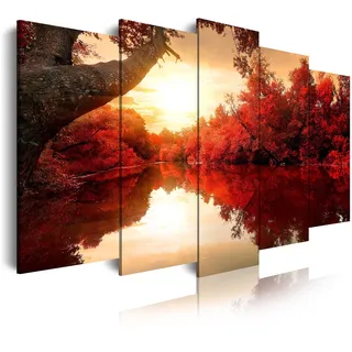 DekoArte 192 - Modernes Bild, digitalisierter Kunstdruck | Dekoratives Bild für den Salon oder das Schlafzimer | Stil Landschaft Natur mit Wasser rote Bäume | 5 Teile 150 x 80 cm