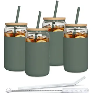 Aquafloow Trinkglas mit Strohhalm und Deckel 500ml | Gläser mit Silikonhülle | Trinkgläser set inclus 2x Strohhalme und 1x Reinigungsstab | für Tee, Smoothie Kaffee-4 Stück- Grün