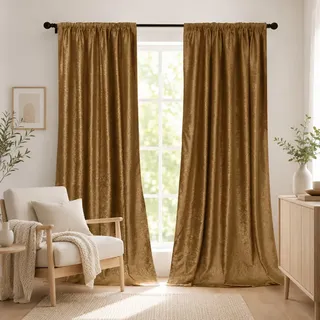 Rosnek Verdunklungsvorhänge Kräuselband,2 Stück Luxus Samt Vorhang Blickdicht Thermovorhang mit Multifunktionsband,übergardinen Blackout Vorhang Barock Deko,H183xB132CM,Gold