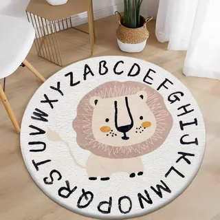 AIMECO Kleiner Kinderteppich Rund 100CM Buchstabenlöwe - Weicher Kuscheliger Teppich für Kinderzimmer Mädchen Schlafzimmer, Dünn & Pflegeleicht