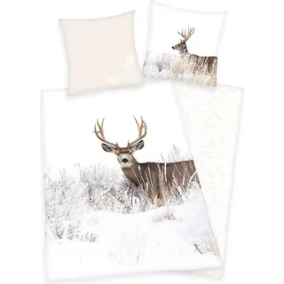 Hirsch Bettwäsche Set Winterlandschaft 2tlg. 155x220 cm Übergröße - Weiß
