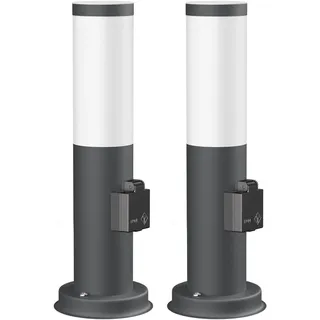 ledscom.de 2x Pollerleuchte PORU mit Steckdose für außen, anthrazit, rund, 38,5cm, inkl. Smart Home RGBW E27 LED Lampe, 892lm