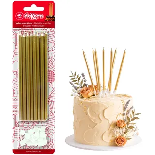 dekora - Geburtstagskerzen Kuchen, 16 lange metallische Kerzen Gold 13 cm | Schlanke Kerzen mit Haltern, Elegante Tortendeko für Geburtstag, Hochzeit und Jubiläum