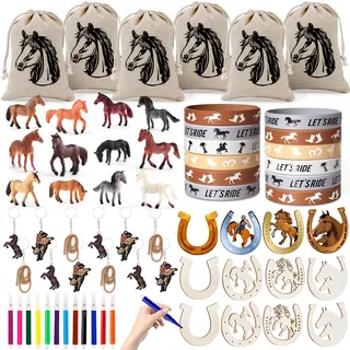 Pferde Party Mitgebsel Kindergeburtstag Junge West Cowboy Holz Hufeisen Basteln Aquarellstifte Geschenktüten Jutebeutel mit Kordelzug Pferde Figuren Armbänder Schlüsselanhänger Give Aways Gastgeschenk