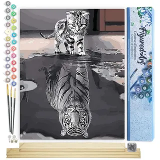Figured'Art Malen Nach Zahlen Erwachsene Mit Rahmen Katze und weißer Tiger - Paint by Numbers Basteln DIY Bastelset 40x50cm Mit Keilrahmen (nicht gespannt)