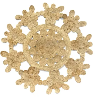 Hamid - Jute Teppich Runden, Rabat, 100% Weiß und Natur, Jutefaser Handgewebt, Weicher Teppich und Hohe Festigkeit für Wohnzimmer, Esszimmer, Schlafzimmer, FlurTeppich - (125x125cm)