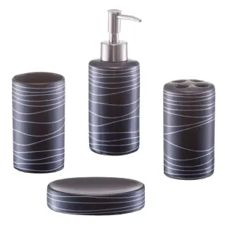 Zeller Bad-Accessoires-Set in Geschenkverpackung, 4-teilig, Seifenspender, Seifenschale, Zahnputzbecher, Utensilienhalter, Farbe: Schwarz, Material: Keramik