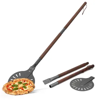 Mimiuo Perforierte Pizzaschieber, Aluminium Pizzaschaufel mit 112cm Abnehmbare Langen Griff, Pizza Schieber für Pizzaofen, Pizzawender Rund für Homemade Pizza Brot, Pizzaofen Zubehör