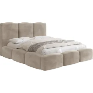 Polsterbett 200x200 mit Bettkasten und Lattenrost – Creme Bett mit hohem Kopfteil, Boucle oder Samt Stoff - Modernes Doppelbett mit Stauraum – Bettgestell, ohne Matratze – Harmony - Beige - Beige
