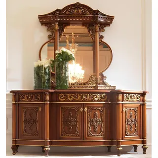 Kommode Anrichte Spiegel Set Echtes Holz Italienische Möbel Antik Stil Kommoden - Braun