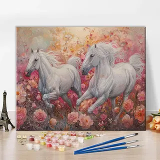 TISHIRON Malen Nach Zahlen Erwachsene Tiere Pferd Malen Nach Zahlen Ab 9 Jahre Mädchen Weißes Pferd DIY Handgemalt Ölgemälde Kit Heimdekorations Ölgemälde auf Leinwan, 40x50cm