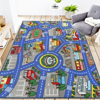 Capslpad Autoteppich Kinder 150x200cm rutschfest Kinderteppich Stadtplan Interaktiver Spielteppich Waschbar Kreativ Pädagogisch Spielmatte für Kinder Teenager Kinderzimmer Spielzimmer Dekor, Blau