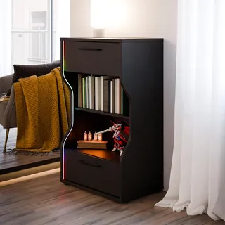 Forte Pittsfield Kommode Regal Schwarz mit mehrfarbiger RGB-LED Beleuchtung, per App steuerbar – Gaming Raum Deko & Jugendzimmer & Kinderzimmer Möbel, mit 2 Schubladen, 65 × 107 × 42 cm