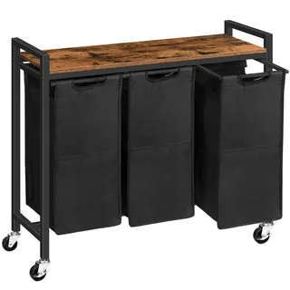 HOOBRO Wäschekorb 3 Fächer, Wäschesammler mit Ablage, Wäschebox, Wäschewagen mit Rollen, 3 x 39,8 L, Wäschesack aus Oxford-Gewebe, Vintagebraun-Schwarz EBF38XY01G1