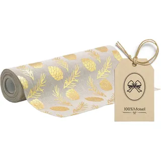 100%Mosel Tischläufer Leinenoptik Natur, Kiefernzapfen in Gold, (28 cm x 5 m), Tischband, edle Tischdeko für Weihnachten & Adventszeit, Festliche Dekoration zu besonderen Anlässen