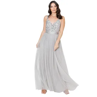 Maya Deluxe Damen Maxi Abendkleid Elegant Für Hochzeit Mit V-ausschnitt Tüllkleid Schleife Brautjungfernkleid, Soft Grey, 34 EU