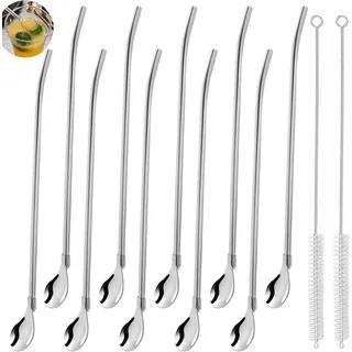 10er Edelstahl Trinkhalme mit Löffel, inkl. Reinigungsbürste