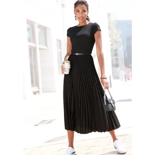 Midikleid LASCANA "mit Plisseerockteil, bügelfreie Qualität", Damen, Gr. 46, N-Gr, schwarz, Web, Obermaterial: 100% Polyester. Obermaterial 2: 100% Polyester, unifarben, figurumspielend Midi, Rundhals, Kleider Midikleid, elegantes Sommerkleid, Festkleid, Plisseekleid, modisch, Topseller