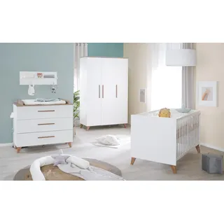roba Kinderzimmer Set 3-teilig Ole - Kinderbett 70 x 140 cm umbaubar + Wickelkommode mit 3 Schubladen + Kinderkleiderschrank - Griffe & Füße aus Massivholz - Weiß/Dunkle Eiche