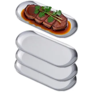 SANQIAHOME 21x9cm Ellipse Vorspeisenteller, 4er Set, dicke Edelstahl Speiseteller,Klein Brotteller Dessertteller für Sushi, Silber
