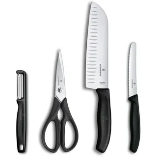 Victorinox Classic Küchenset, 4-teilig, Inkl. Schäler, Schere, Santoku- und Tomatenmesser, Scharfe Klingen, 7-17 cm, Kunststoffgriffe, Schwarz